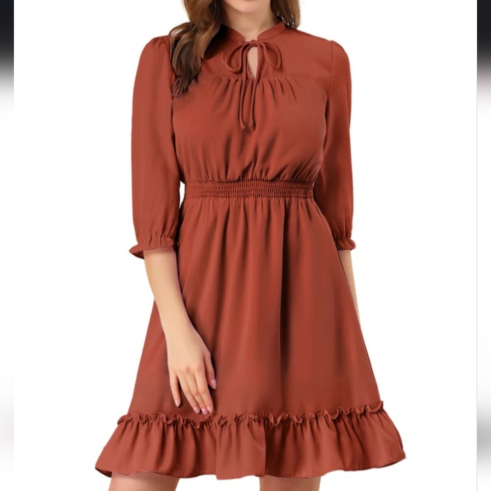 Nwt Allegra K Rust Ruffle Hem Midi Dress